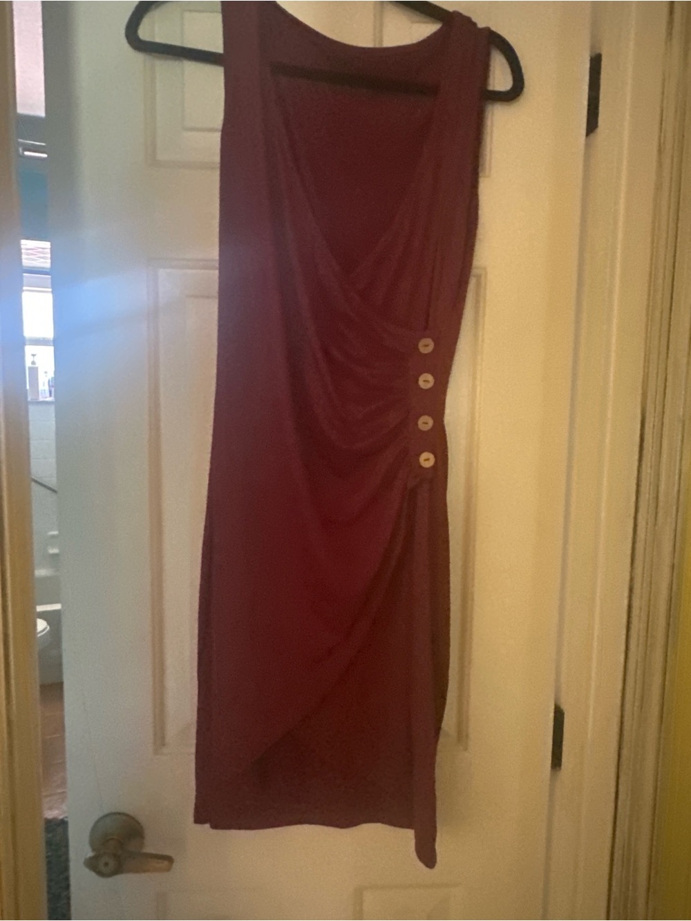 Sleeveless Burgundy Draped Midi Dress with Side Buttons